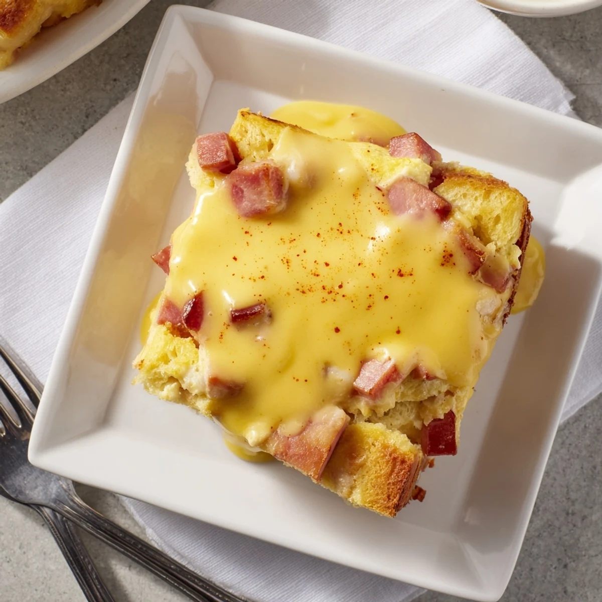 Sliced Eggs Benedict Casserole reveals layers of English muffins and Canadian bacon under creamy hollandaise.