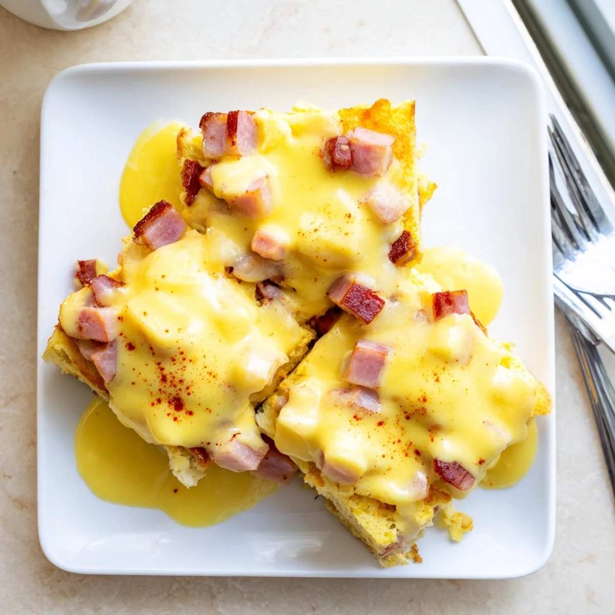 Bubbling hot Eggs Benedict Casserole straight from the oven, garnished with fresh parsley and paprika.