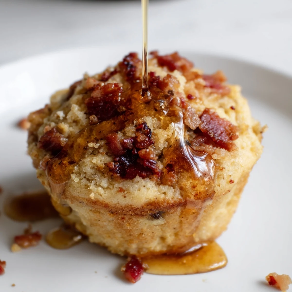 Golden-brown Maple Bacon Pancake Muffins studded with crispy bacon bits and drizzled with maple syrup on a rustic wooden board.