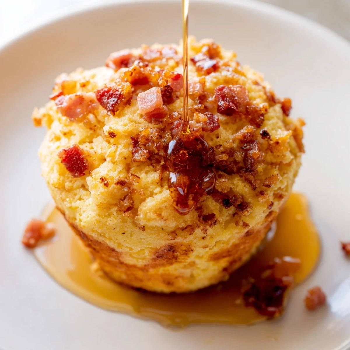 A close-up of warm Maple Bacon Pancake Muffins revealing fluffy interiors, chopped bacon, and a sweet maple glaze.