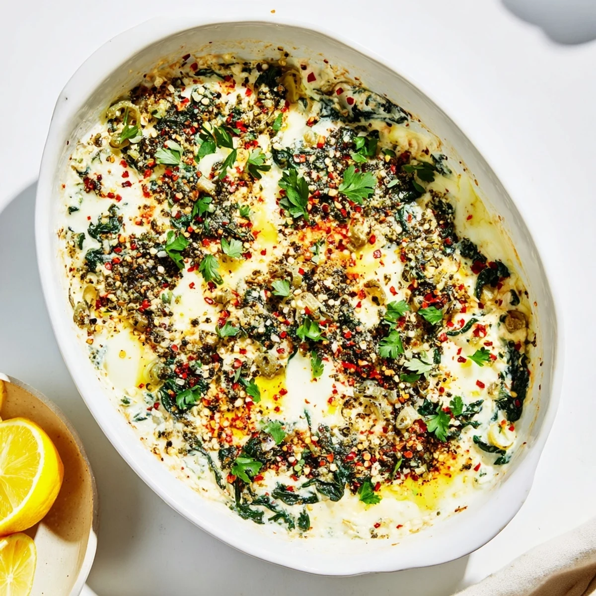 Golden, bubbly Spinach and Pepperoncini Baked Feta Dip fresh from the oven with a side of warm pita bread.