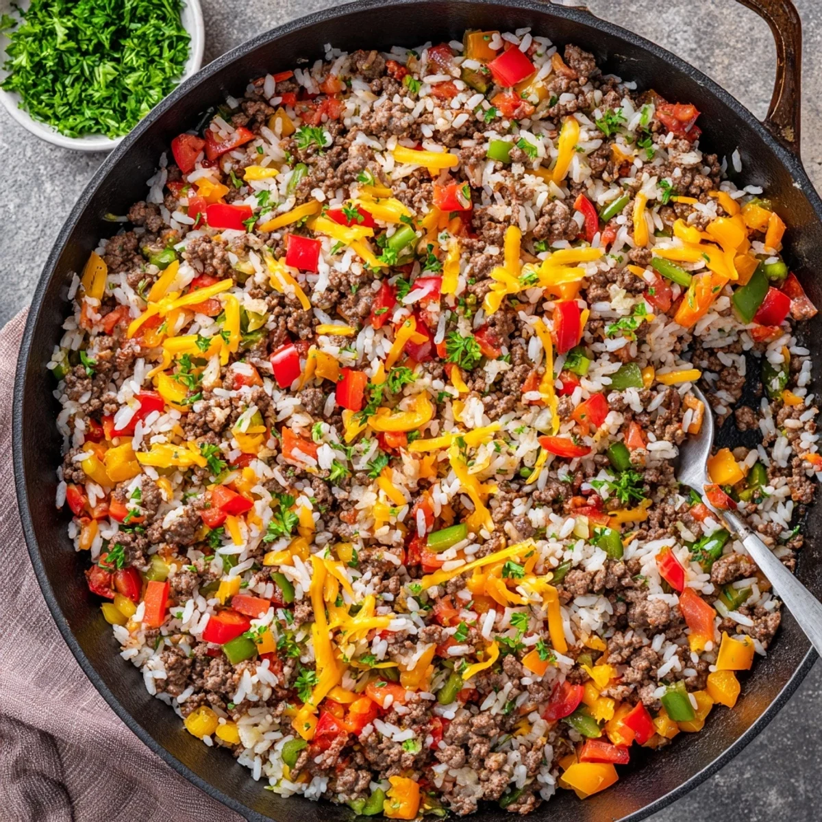 A hearty Unstuffed Pepper Skillet topped with melted mozzarella, served steaming in a cast-iron pan.