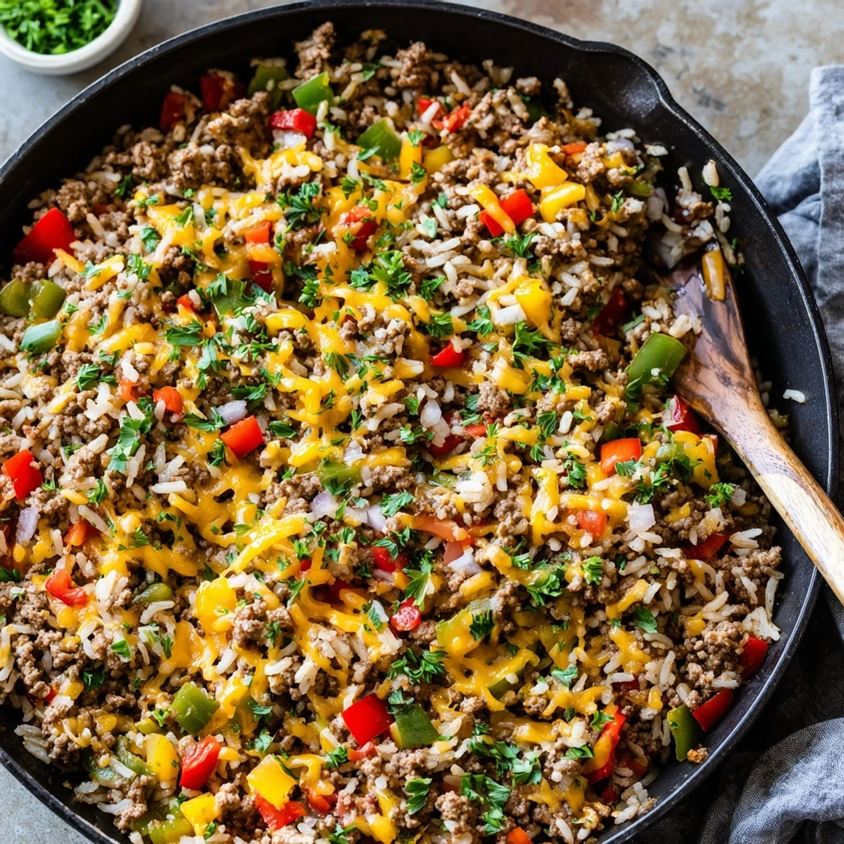 Colorful diced bell peppers and ground beef simmer in this easy one-pan Unstuffed Pepper Skillet.