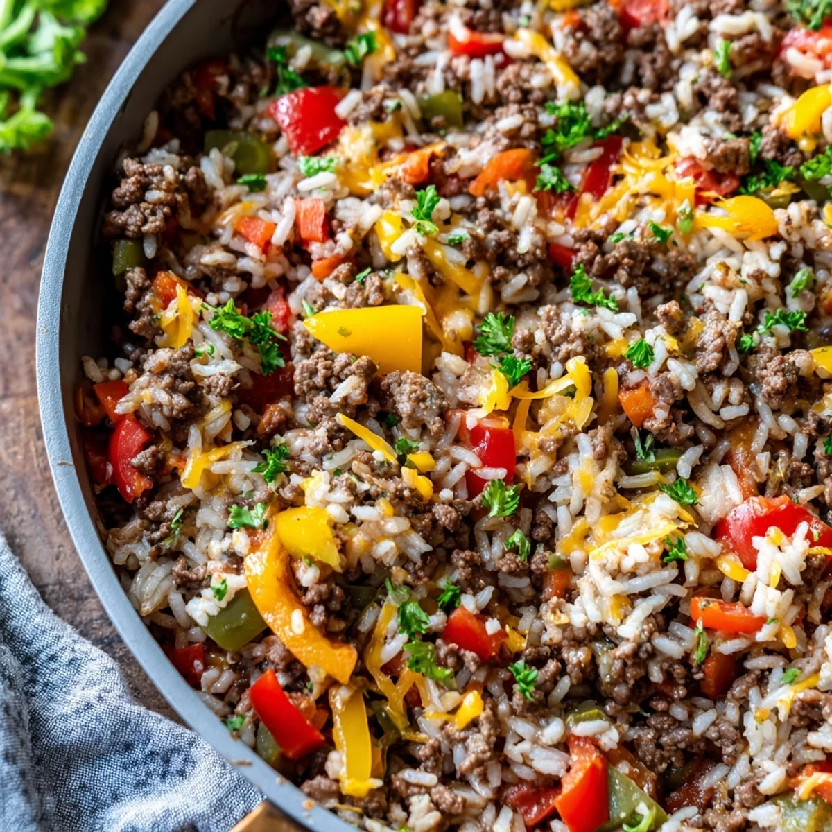 A rustic serving of Unstuffed Pepper Skillet paired with fresh parsley and a slice of crusty bread.