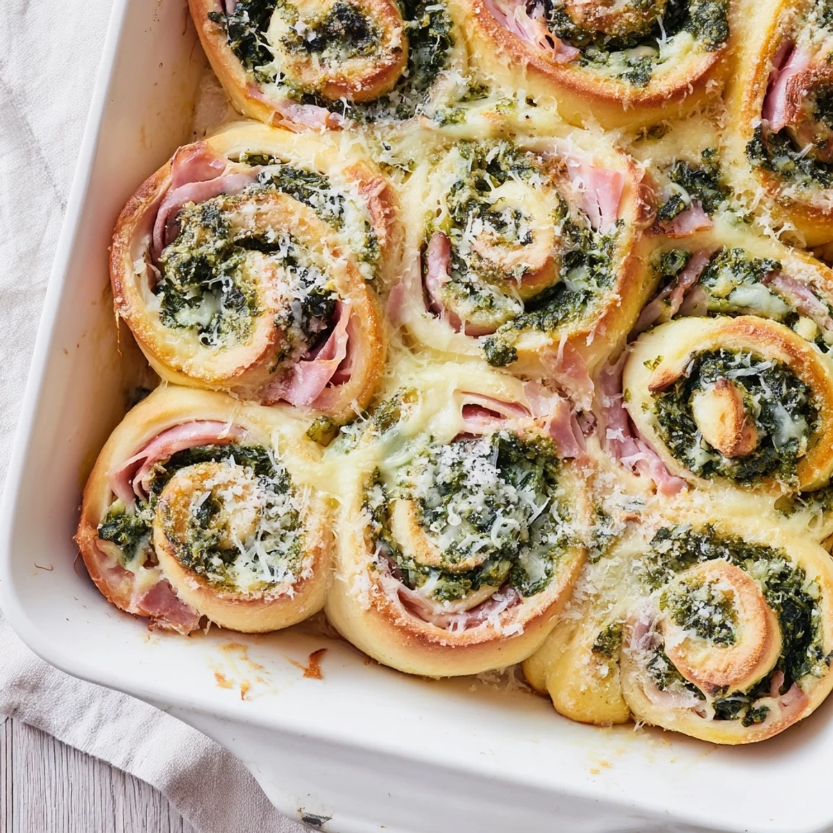 Freshly baked Savory Spinach and Ham Breakfast Rolls with golden tops and melted Swiss cheese on a rustic wooden board.