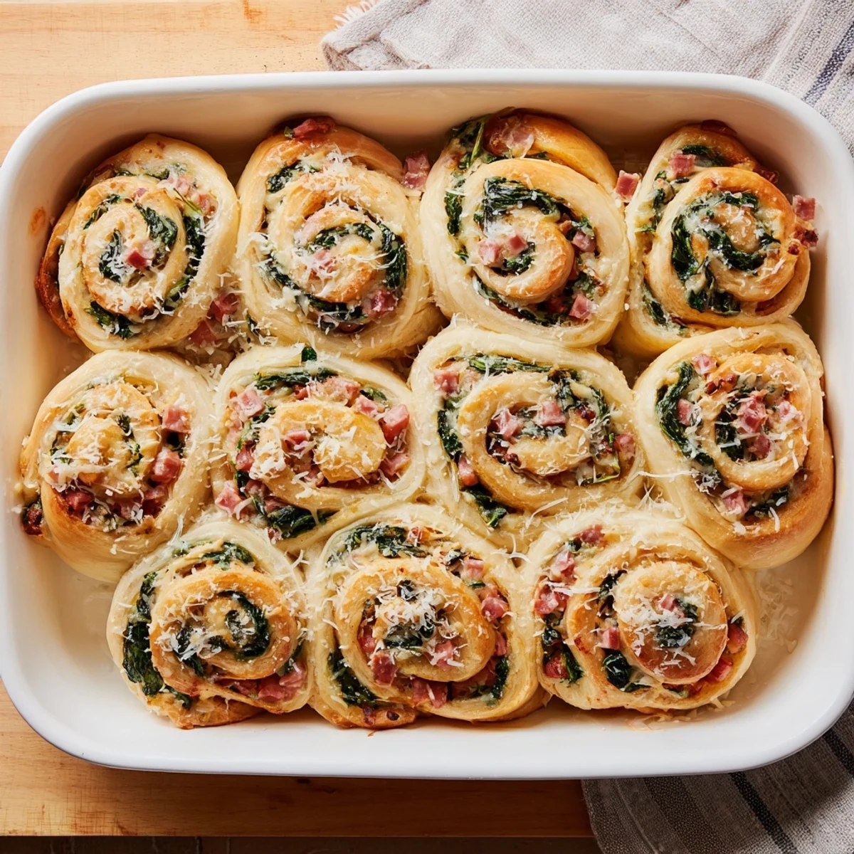 Golden-brown Savory Spinach and Ham Breakfast Rolls served warm on a plate, brushed with butter and ready for breakfast.