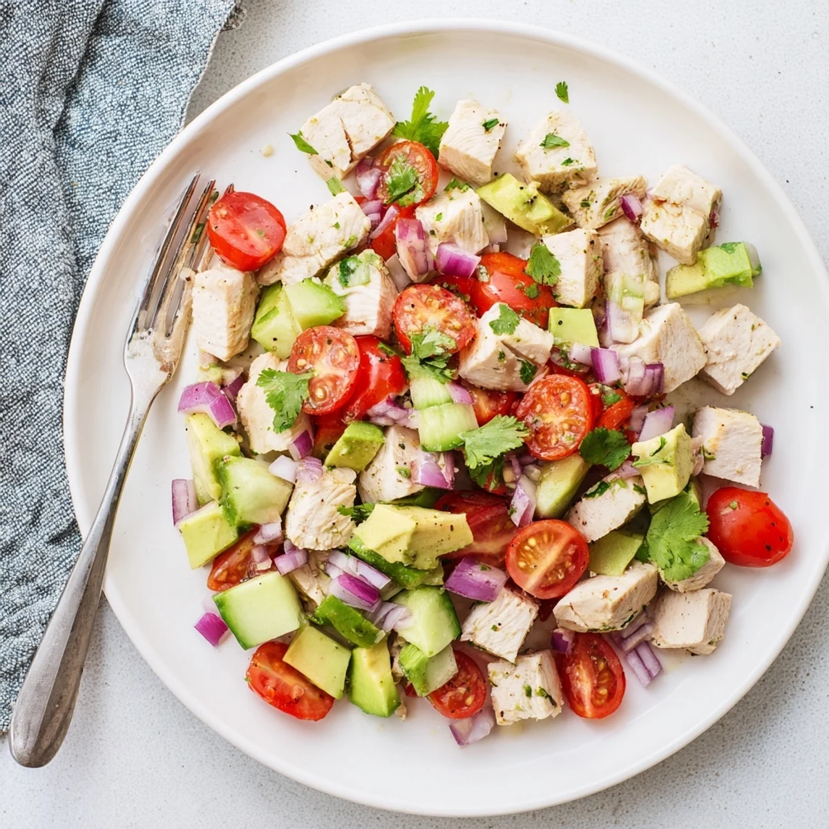 A vibrant bowl of avocado chicken salad tossed with lime dressing and diced cucumbers, ready to serve.