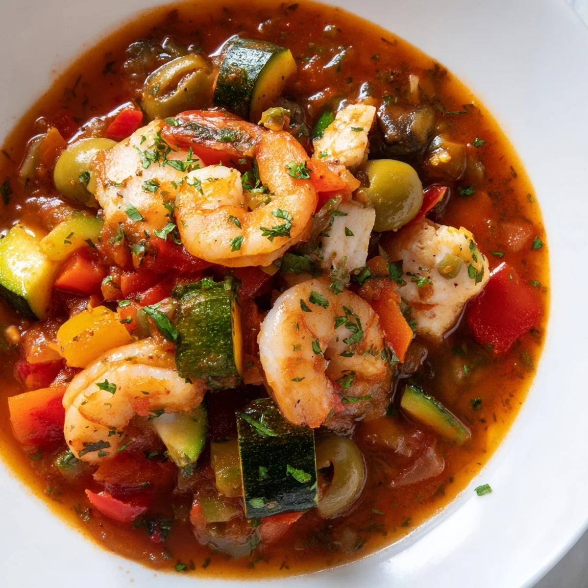 Served hot with fresh parsley and lemon wedges, Mediterranean Seafood Shrimp Chili is ready.