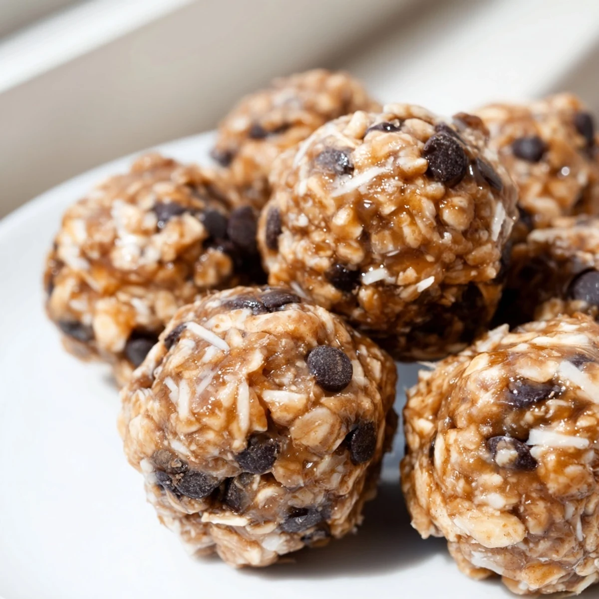 A close-up of Easy No Bake Chocolate Chip Energy Bites showing rolled oats, chocolate chips, and a drizzle of honey on a rustic wooden board.