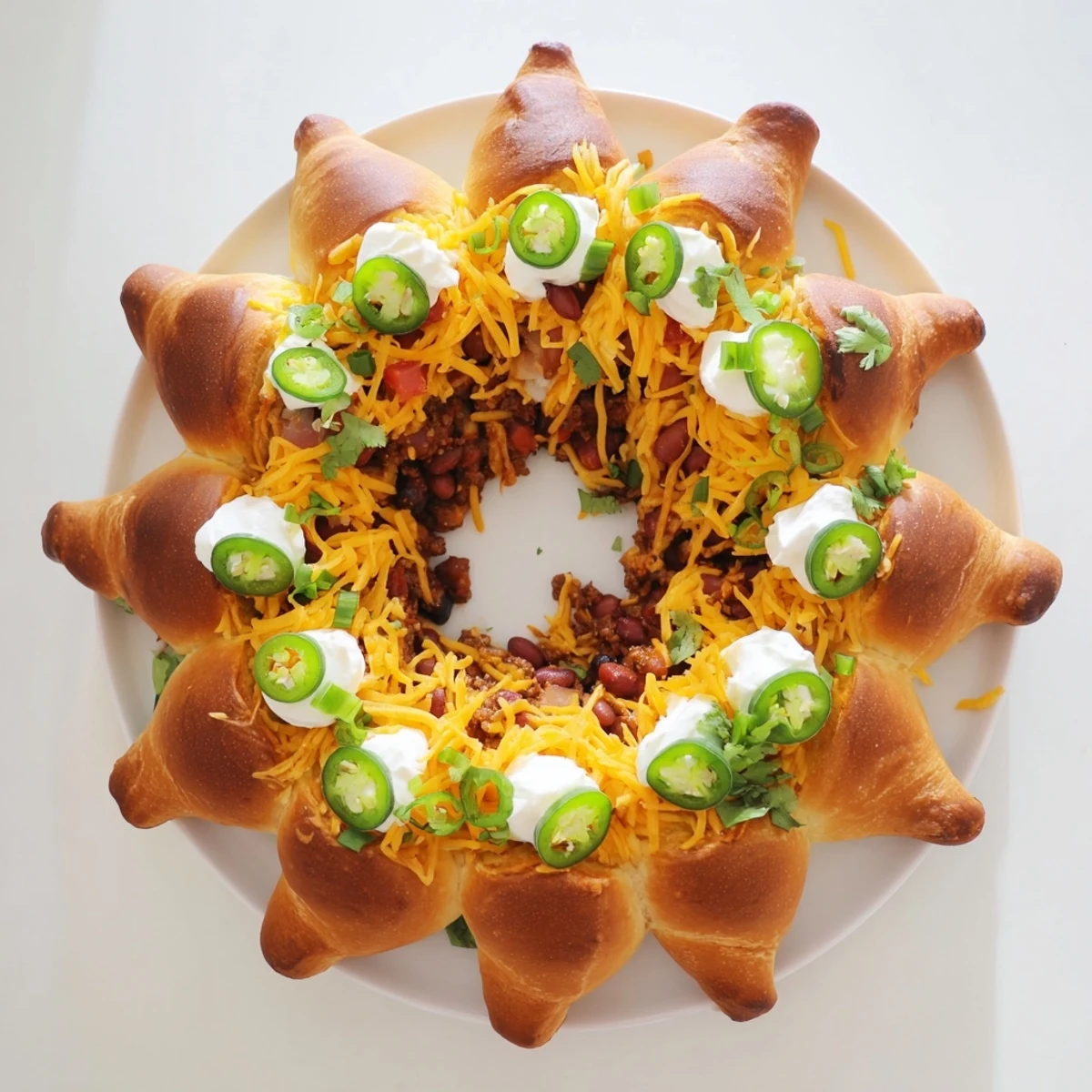 Golden baked Beef Chili Taco Crescent Roll Ring with melted cheddar and fresh garnishes on a festive serving platter.