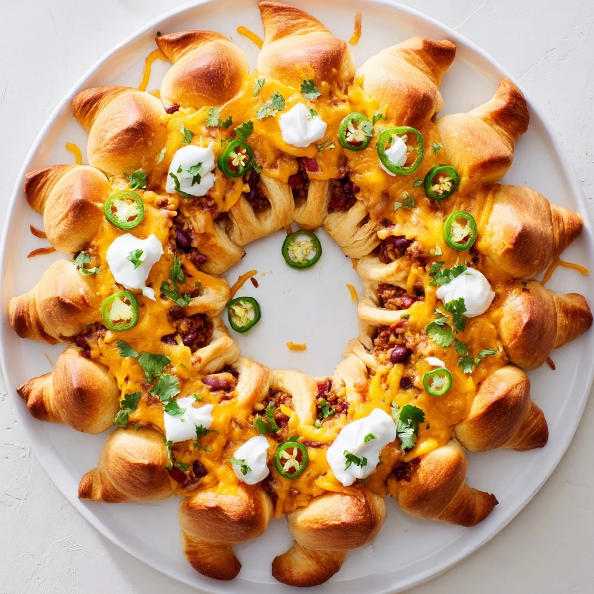 A freshly baked Beef Chili Taco Crescent Roll Ring garnished with sour cream, green onions, and sliced jalapeños.