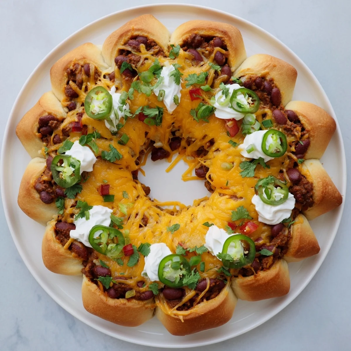 Close-up of a sliced Beef Chili Taco Crescent Roll Ring revealing savory beef chili and cheese filling inside.
