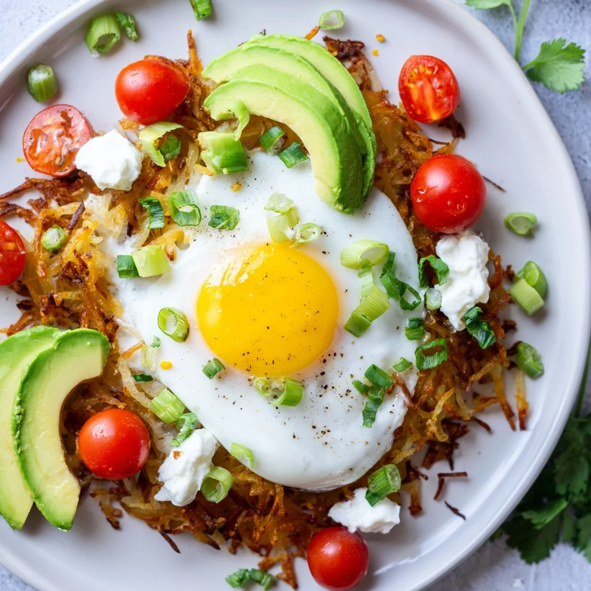 Golden crispy Loaded Hash Browns topped with fluffy fried eggs, creamy avocado slices, and tangy cottage cheese for a hearty American breakfast.