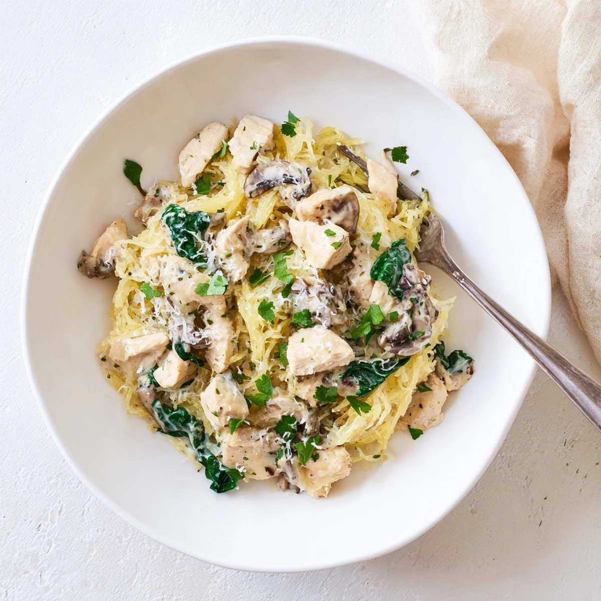 Savor a low-carb Italian-American dinner featuring juicy grilled chicken, vibrant wilted spinach, and rich garlic Parmesan sauce over spaghetti squash noodles.