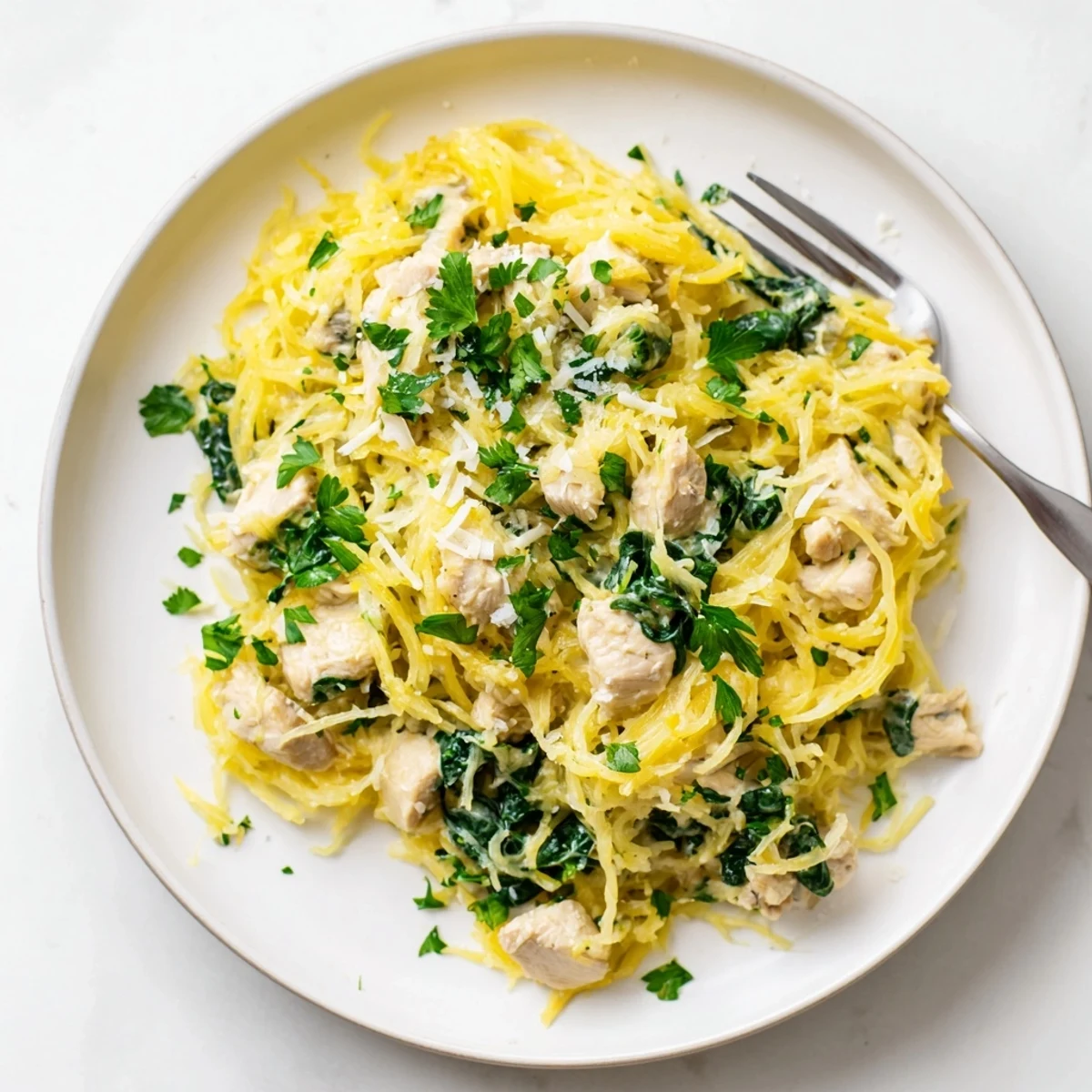 Enjoy a healthy gluten-free dinner plate of Chicken and Spinach Spaghetti Squash Alfredo with glistening sauce and fresh baby spinach leaves.