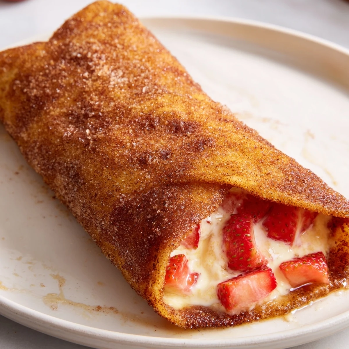Freshly fried Cheesecake Dessert Chimichangas dusted with cinnamon sugar and served warm with whipped cream.