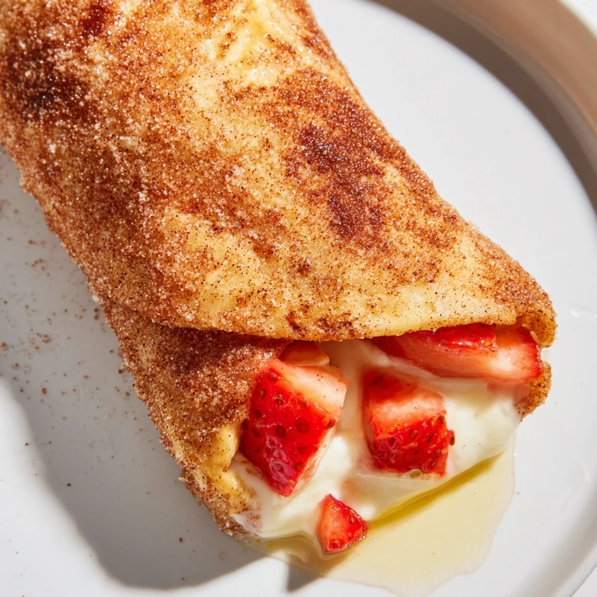 Warm Cheesecake Dessert Chimichangas brushed with melted butter and rolled in spiced cinnamon sugar coating.