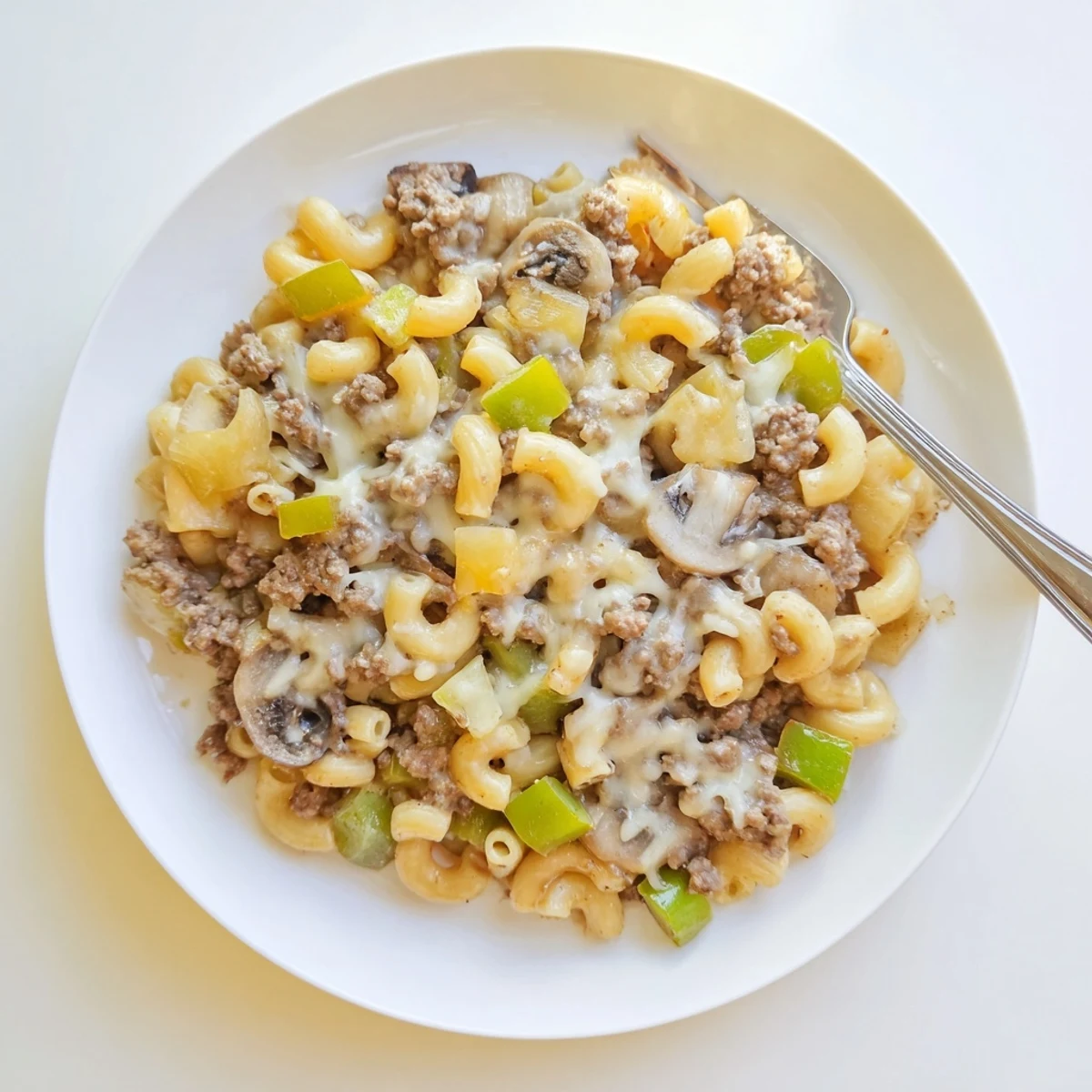 This savory Easy High Protein Philly Cheesesteak Mac is garnished with fresh parsley and ready to serve.