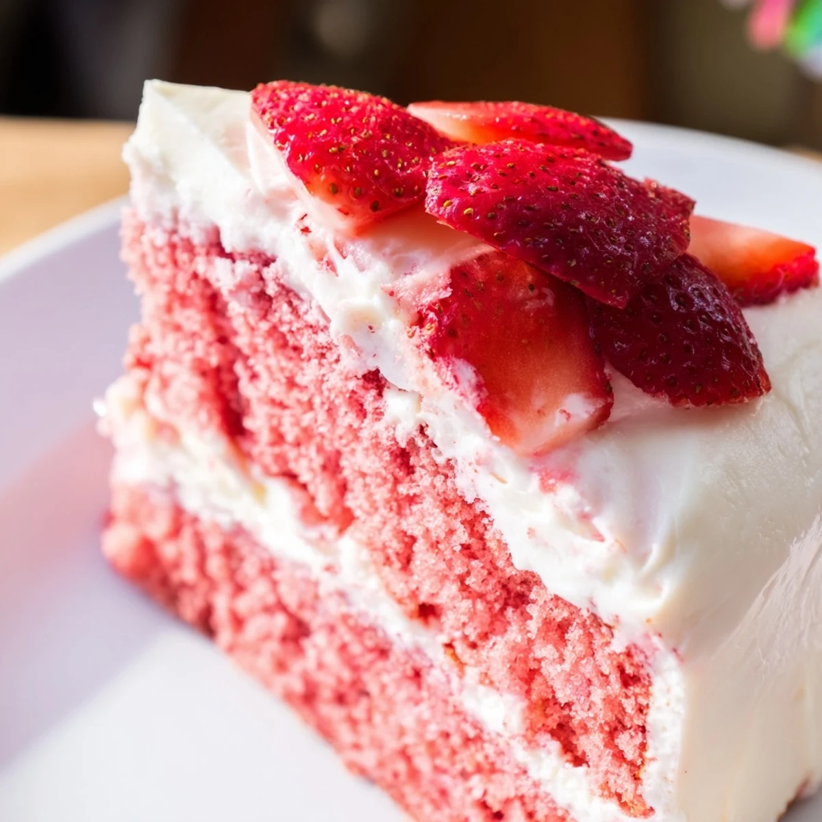 Vibrant slices of Strawberry Velvet Cake on a white plate, showcasing the delicate crumb and fresh strawberry garnish.