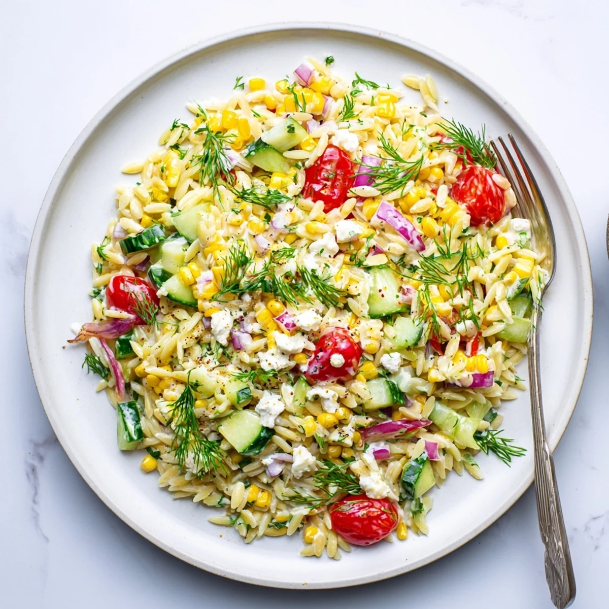 Grilled Corn Orzo Salad with Scallion Dill Dressing in a white bowl, featuring charred kernels and fresh dill garnish.
