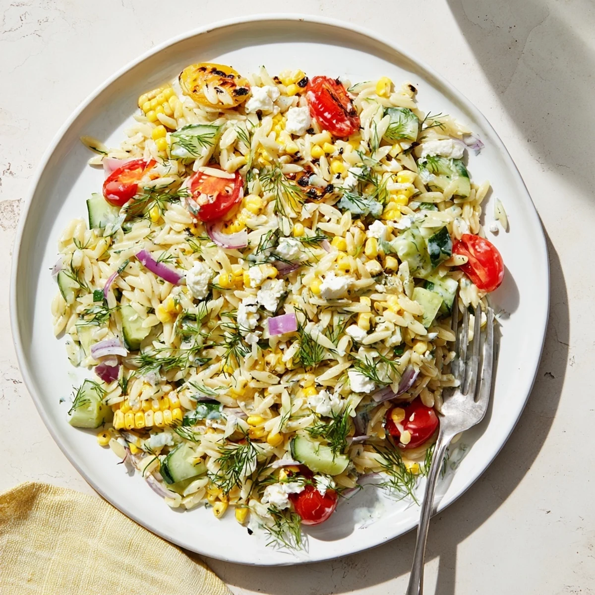 Bright, summery Grilled Corn Orzo Salad with Scallion Dill Dressing and veggies on a rustic wooden table.