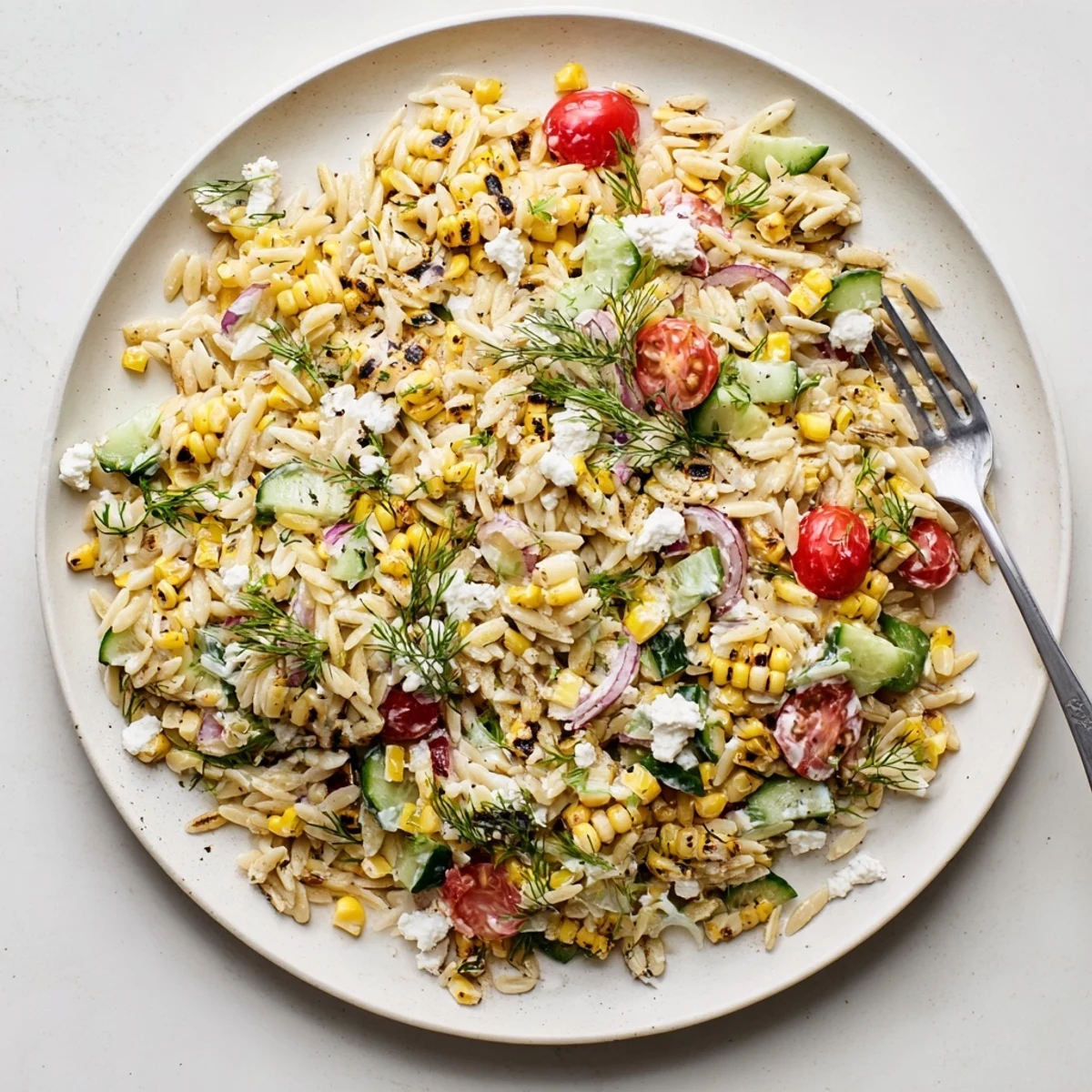 Vibrant Grilled Corn Orzo Salad with Scallion Dill Dressing, drizzled creamy dressing and crumbled feta, perfect lunch.
