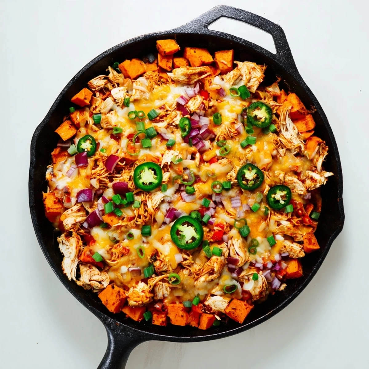 A close-up view of the one-pan Sweet Potato Skillet with BBQ Chicken & Cheese, featuring tender chunks of sweet potato, juicy shredded chicken, and a colorful mix of red onion and bell pepper.