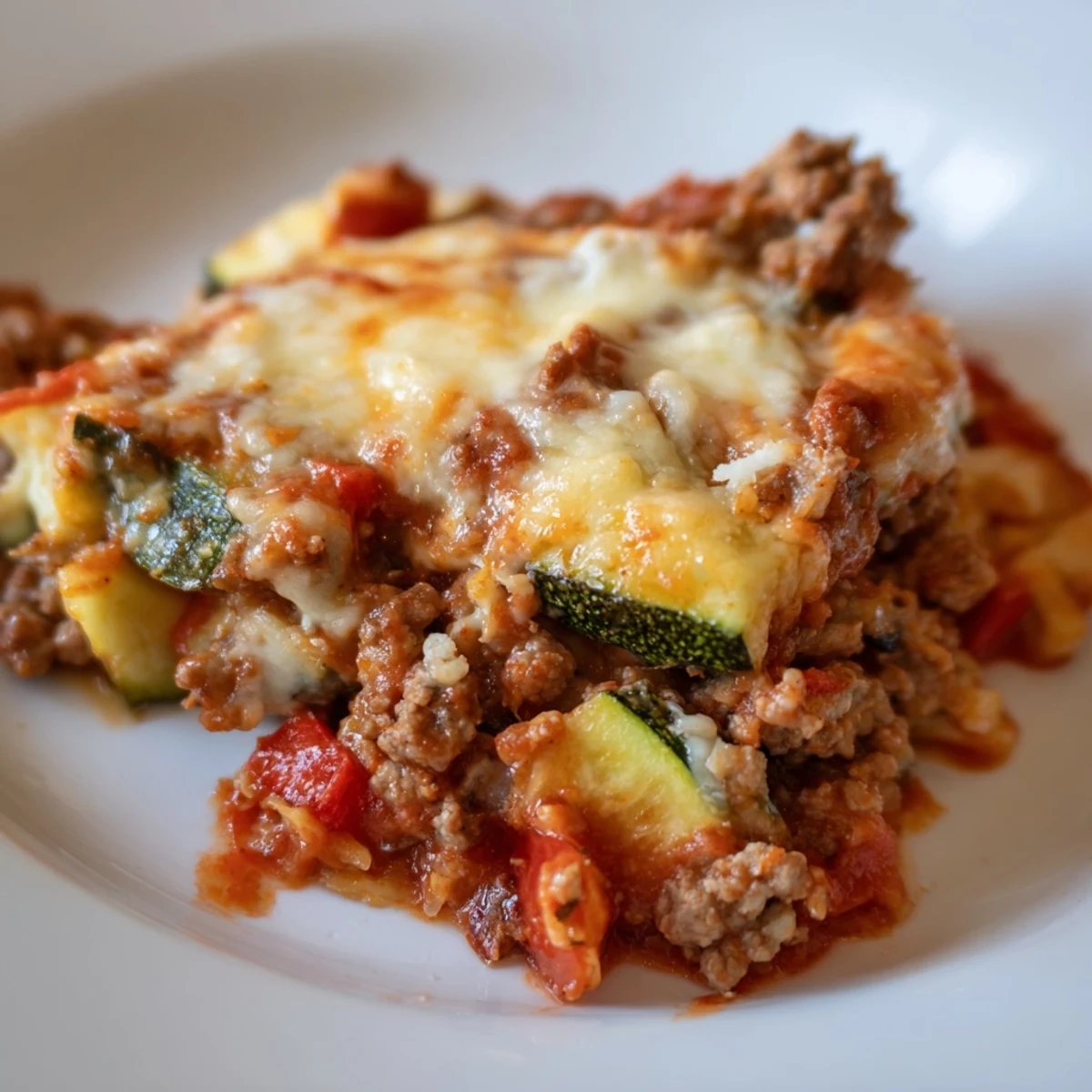 This savory Easy Ground Turkey Zucchini Casserole features diced zucchini and red bell peppers nestled in a rich, cheesy sauce, ready to enjoy.