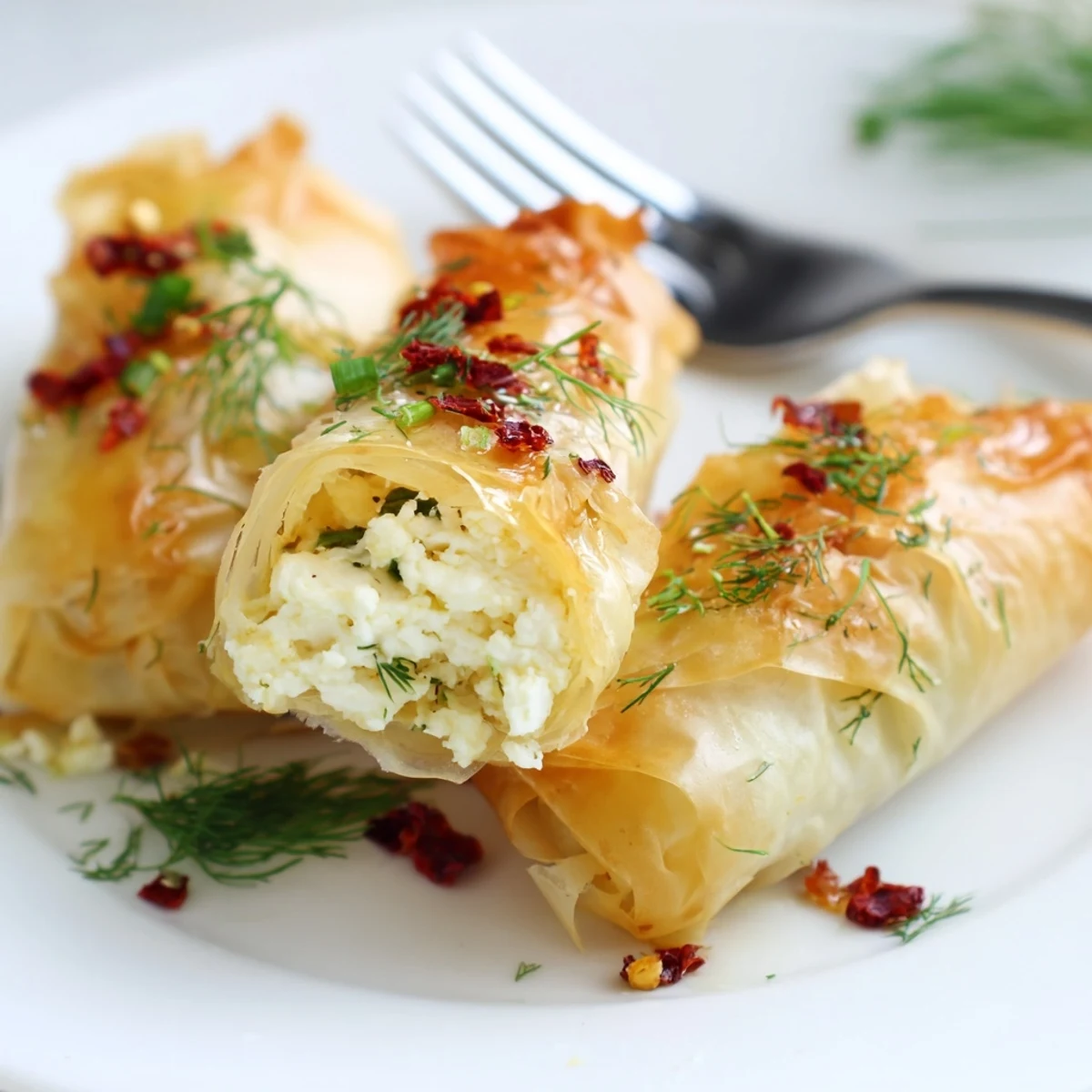 Close-up view of Oven Fried Feta Rolls with Spicy Chili Honey reveals flaky pastry textures and a vibrant honey-chili glaze dripping down the sides.