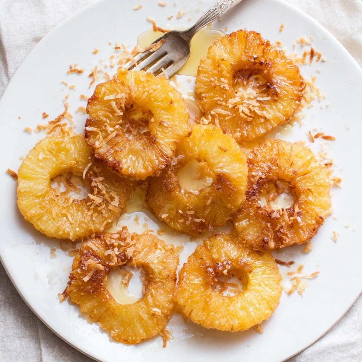 Golden battered Fried Pineapple rings sizzling in a skillet, ready to be enjoyed as a delicious dessert or snack.