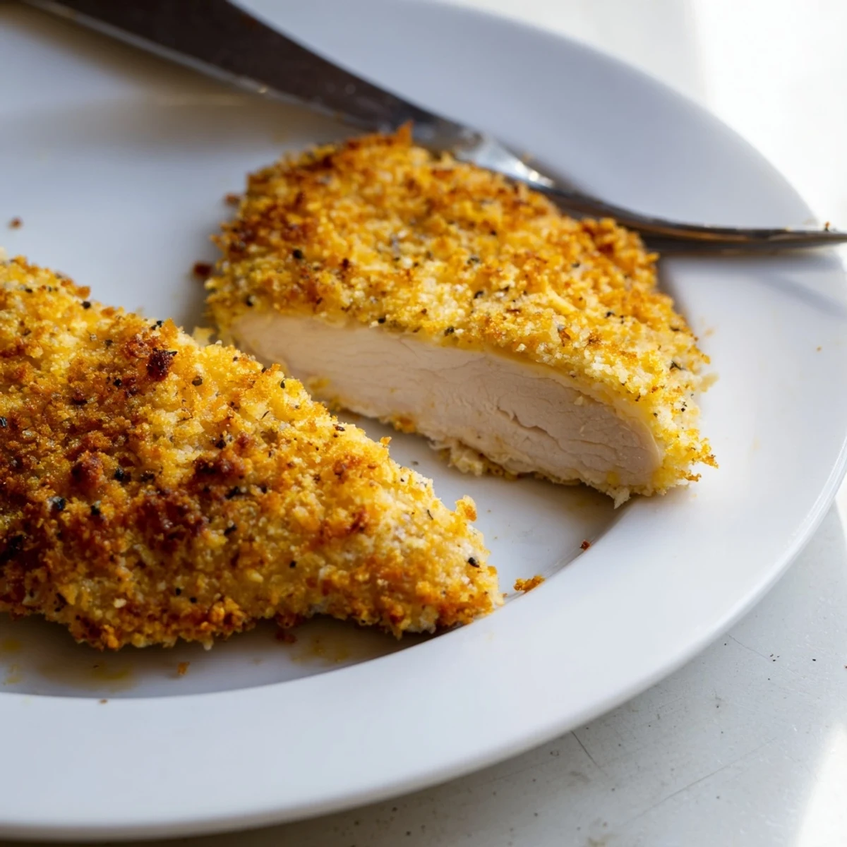 Golden-brown Baked Garlic Parmesan Chicken breasts resting on a white plate, showcasing a crispy Parmesan and panko crust next to a simple green salad.