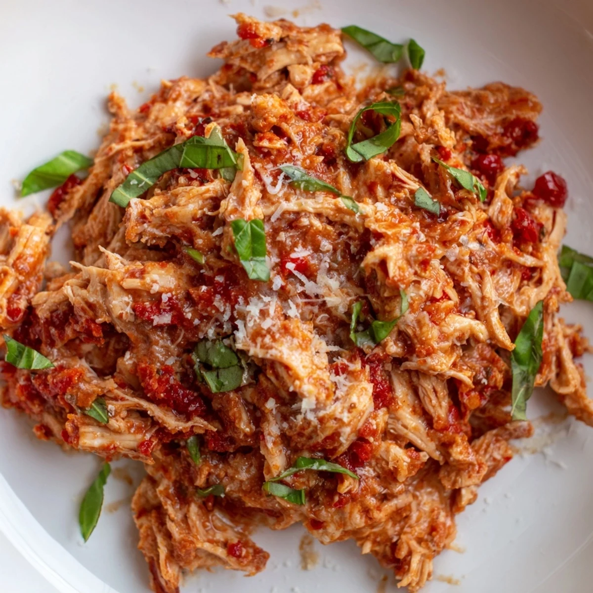 A close-up view of Slow Cooker Tomato Basil Chicken in a slow cooker, with juicy shredded chicken and a tomato-basil sauce bubbling.