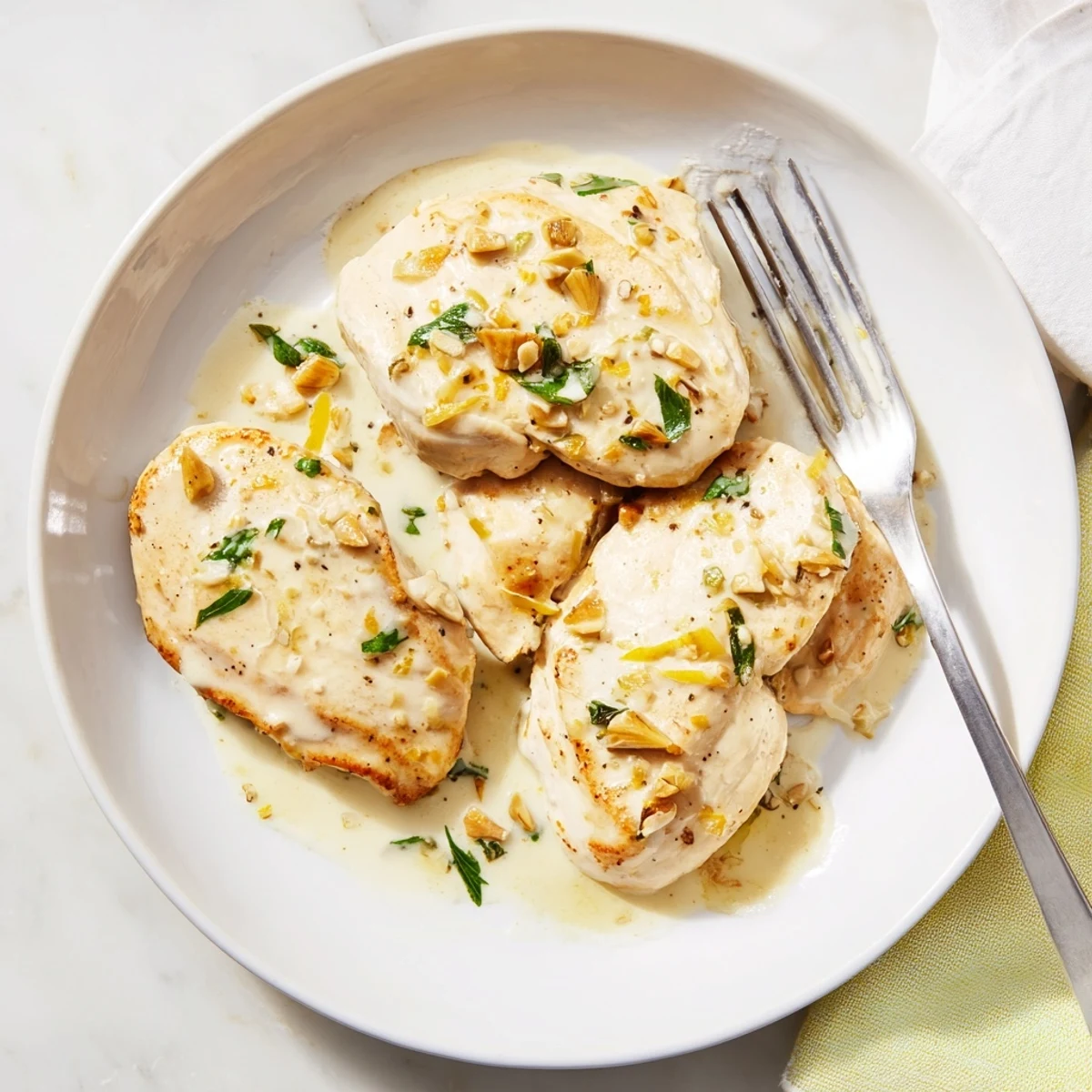 Golden brown chicken breasts resting in a creamy lemon-Parmesan sauce, garnished with fresh parsley on a white plate. Creamy Parmesan Lemon Chicken looks ready for a comforting dinner with pasta or rice.