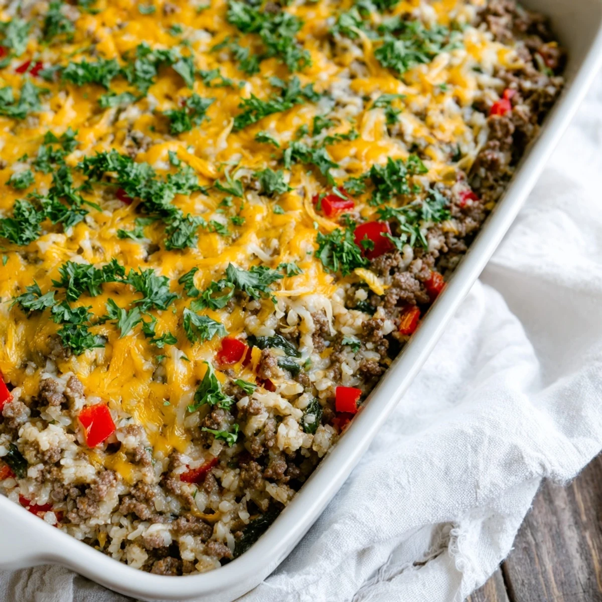 Ground Beef Casserole with Cauliflower Rice features savory beef and creamy cheddar in a warm, gluten-free weeknight meal for six servings.