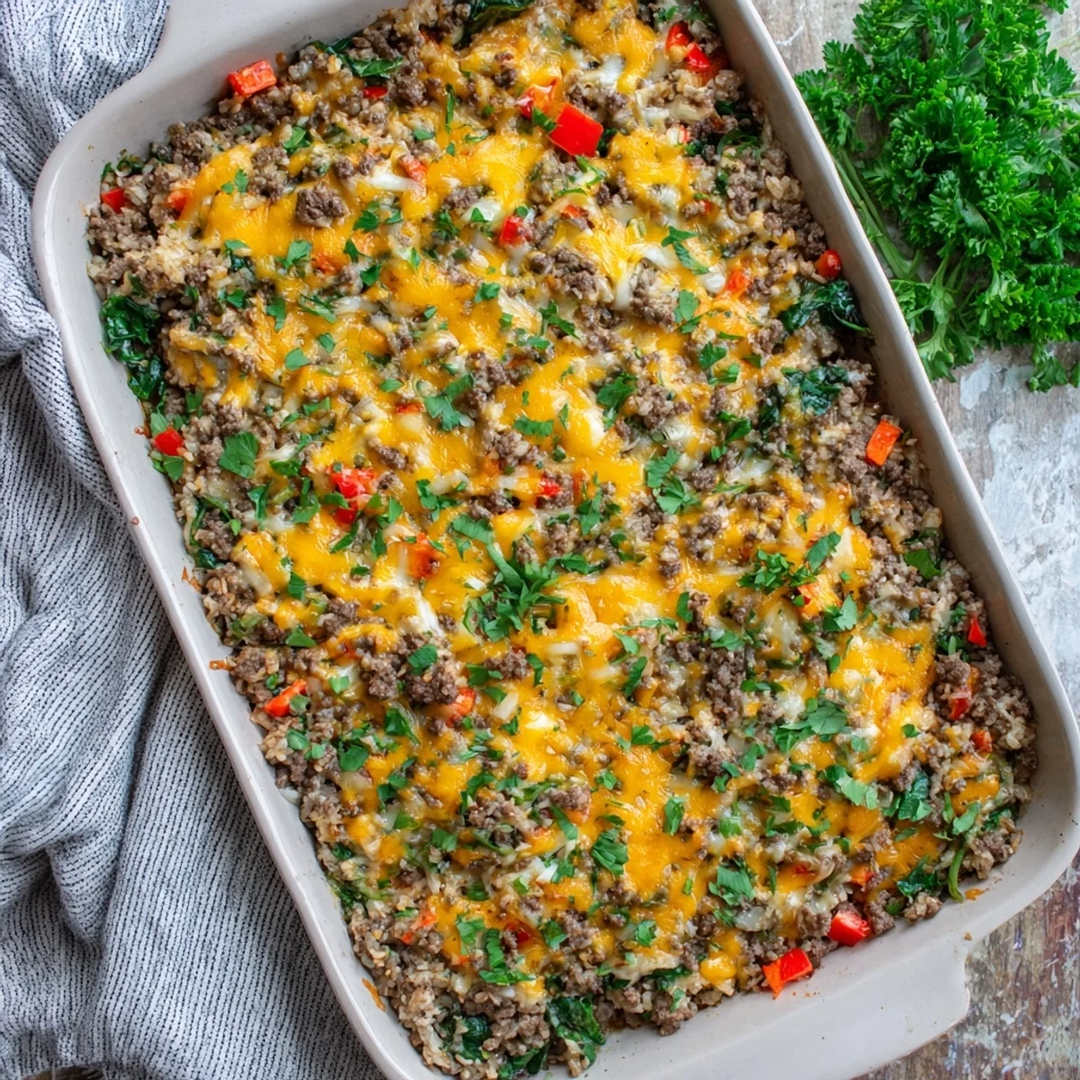 Sizzling ground beef and tender cauliflower rice mingle under melted mozzarella in this hearty Ground Beef Casserole, ready to serve hot.