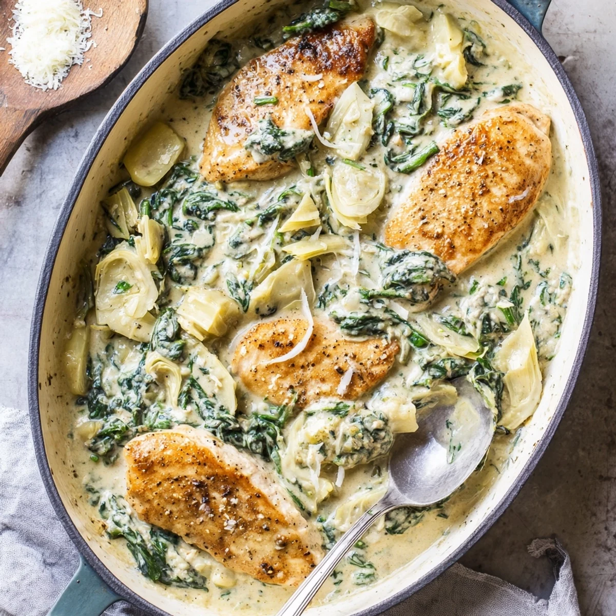 Golden-brown seared chicken breasts nestled in a creamy spinach artichoke cottage cheese sauce in an oven-safe skillet.