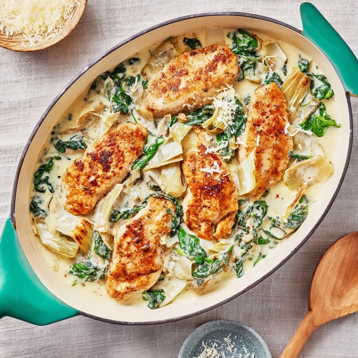 Sizzling Spinach Artichoke Chicken with Cottage Cheese fresh from the oven, topped with melted mozzarella, ready to serve.