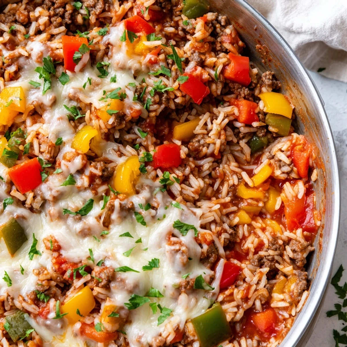 Close-up of Unstuffed Pepper Skillet with melted mozzarella and fresh parsley garnish.