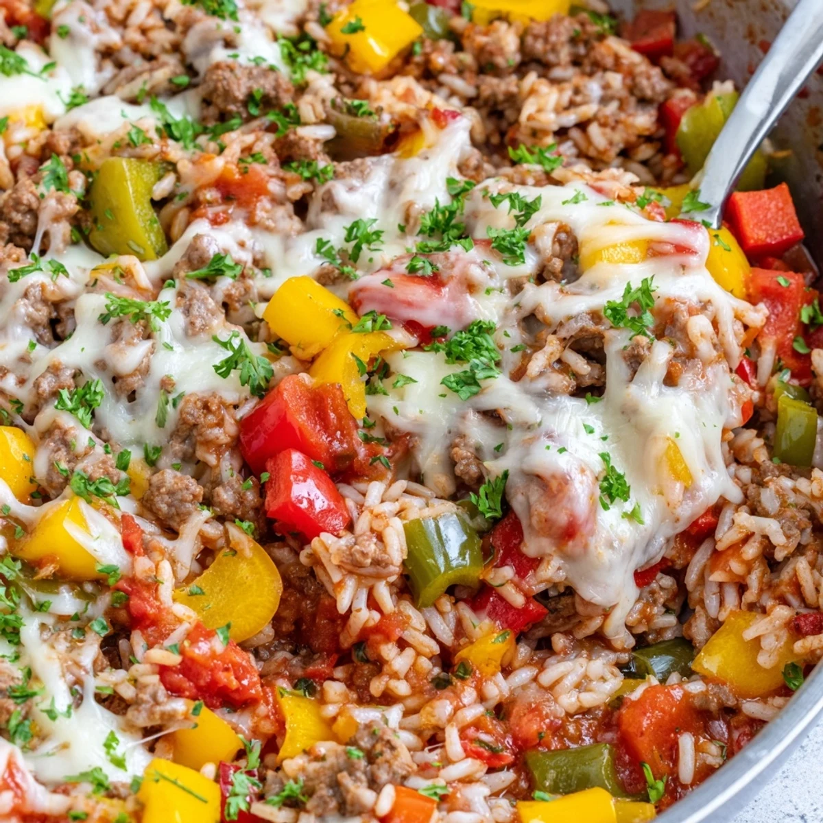 Unstuffed Pepper Skillet in a cast iron skillet bubbling with savory beef and peppers.