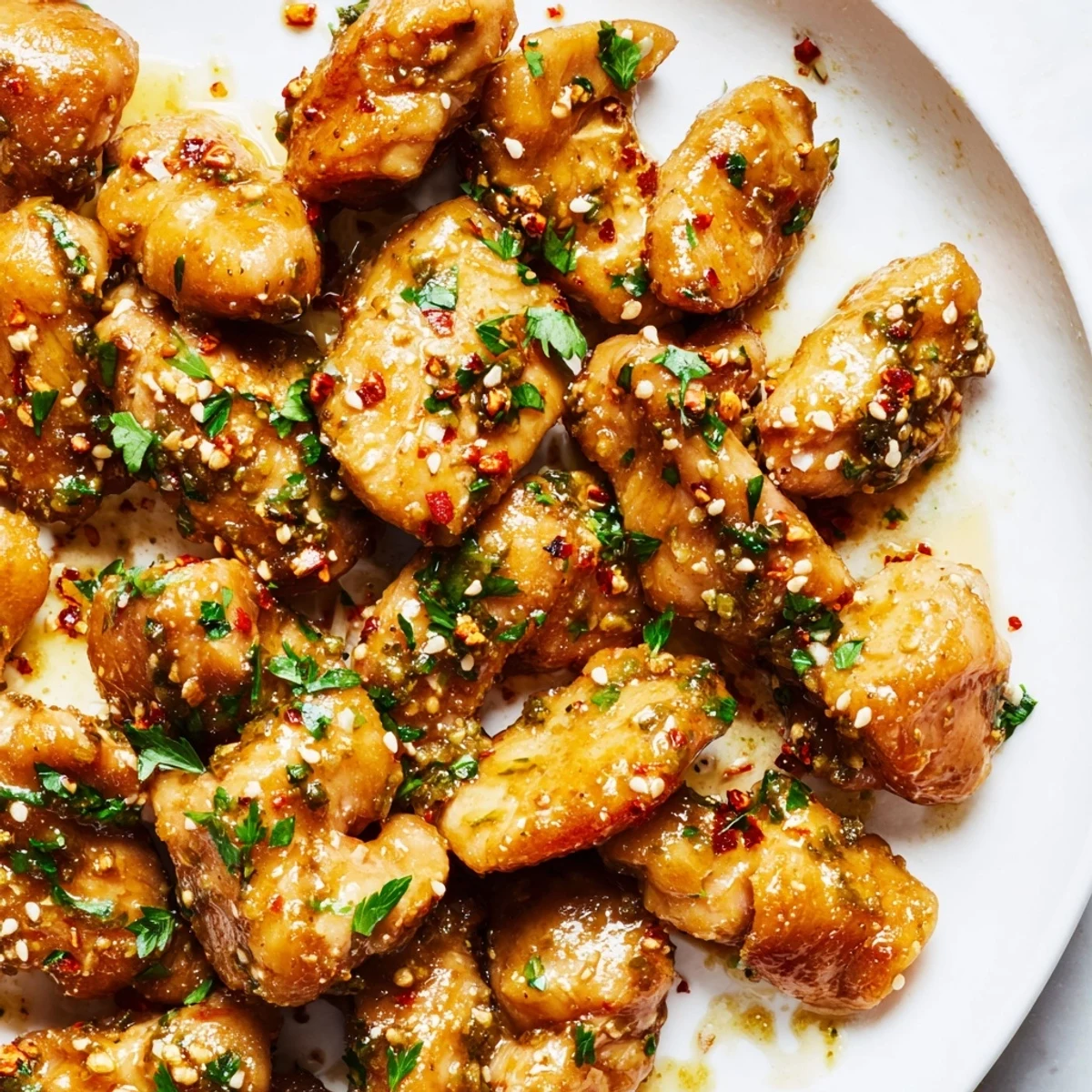 Close up of Honey Butter Chicken with a sticky sweet sauce, served alongside fluffy white rice and a crisp green salad.