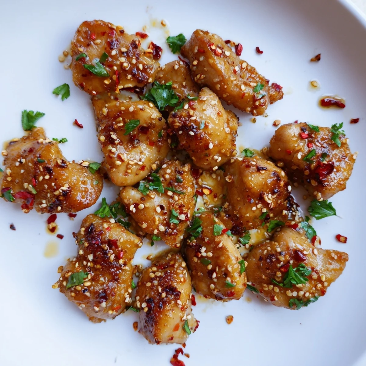 Golden glazed Honey Butter Chicken pieces glisten in a skillet, garnished with fresh parsley and sesame seeds for a family dinner.