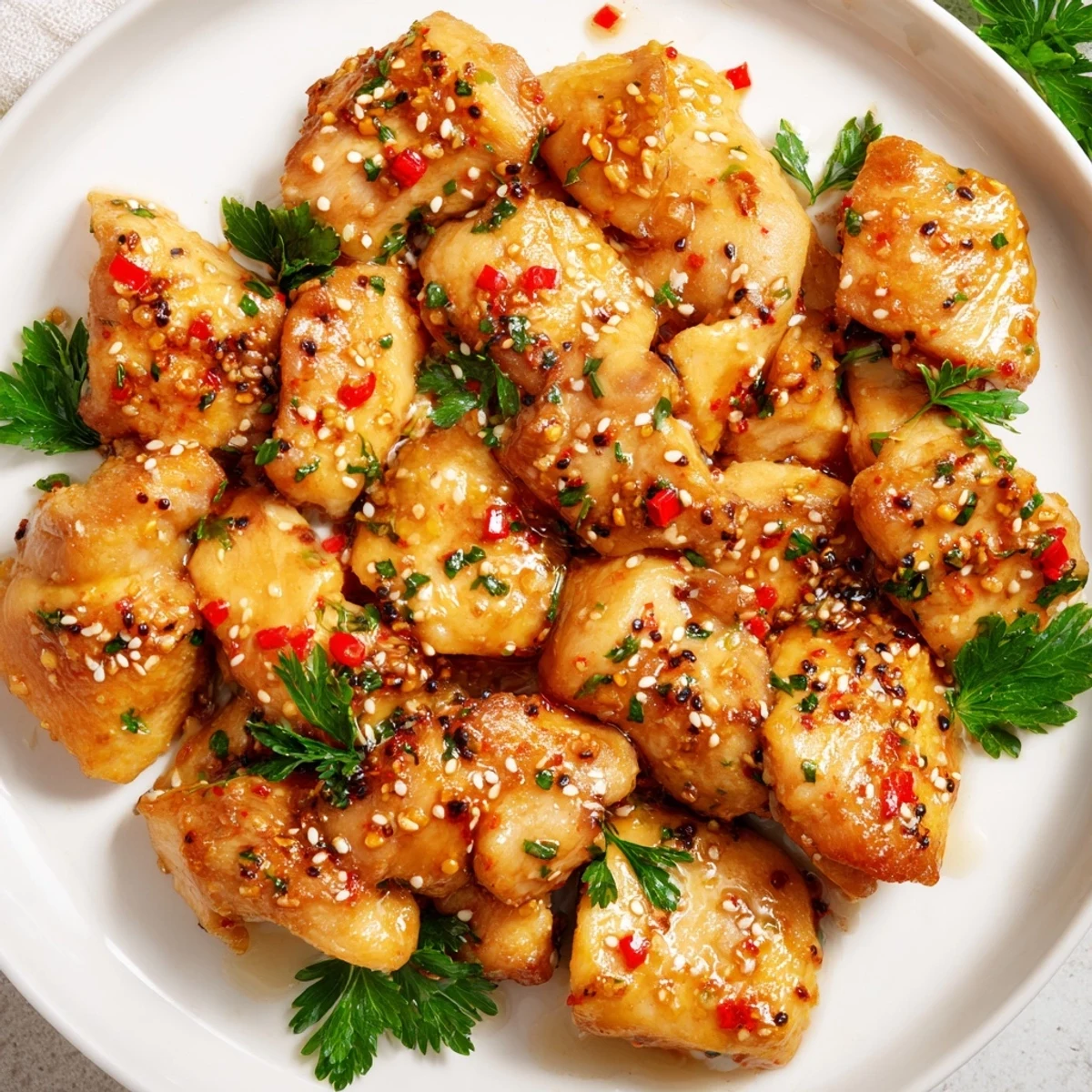 Sizzling Honey Butter Chicken in a pan, featuring tender chicken pieces coated in a savory buttery glaze with a hint of spice.