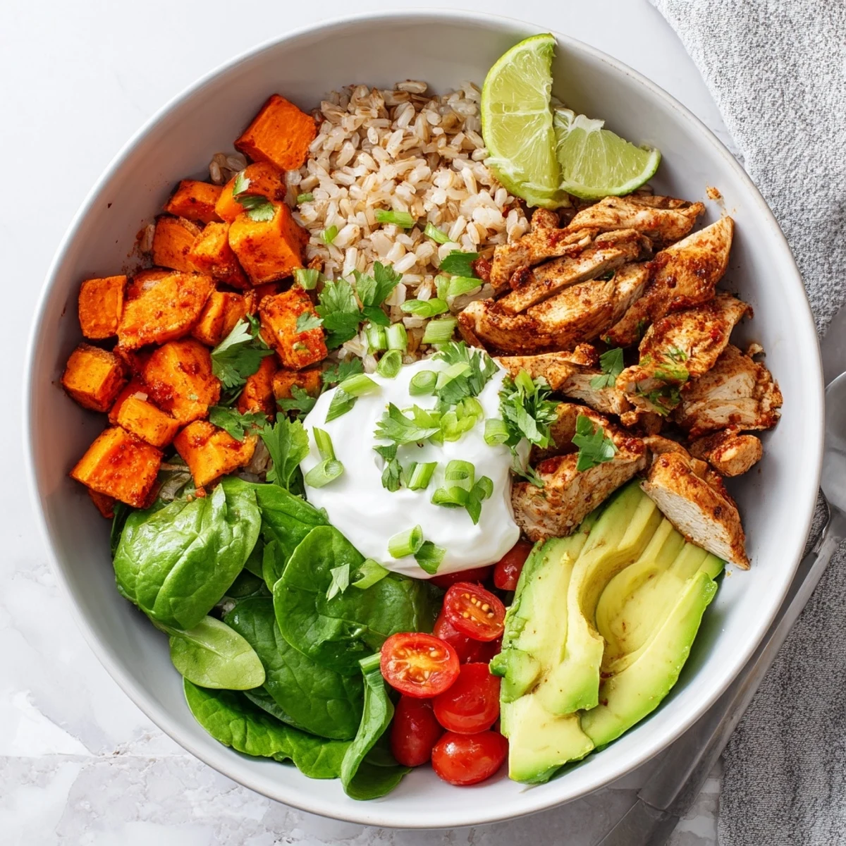 Juicy roasted chicken strips and sweet potatoes on fluffy rice with avocado and cilantro in the Wholesome Chicken Sweet Potato Rice Bowl.