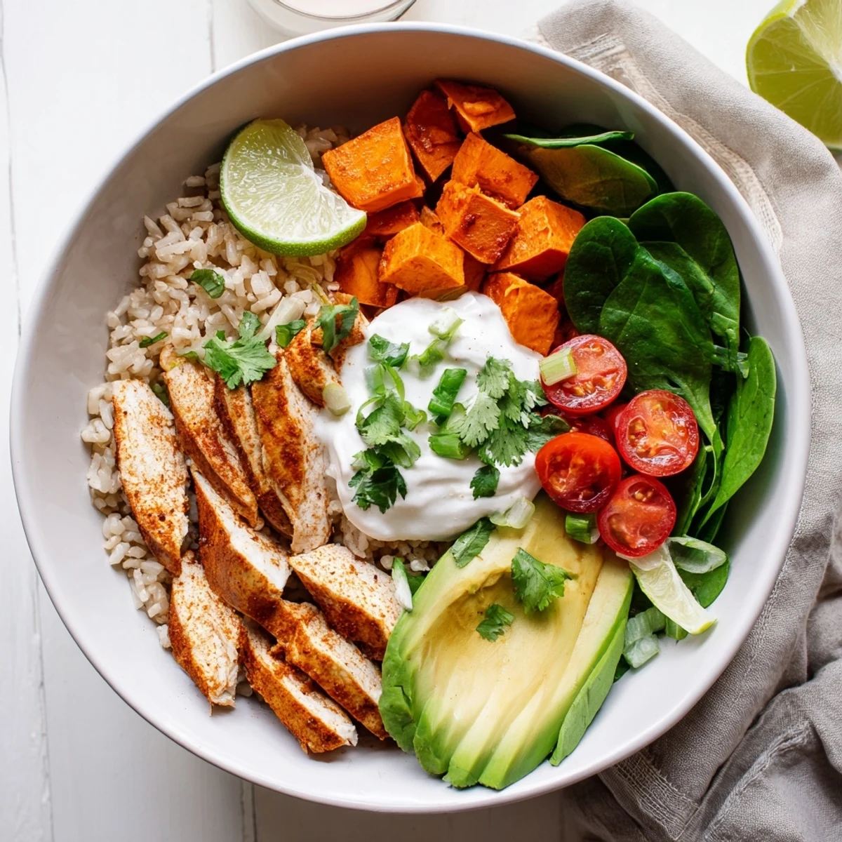 A vibrant gluten-free dinner bowl with sliced chicken, lime wedges, spinach, and creamy avocado over wholesome rice, ready to serve.