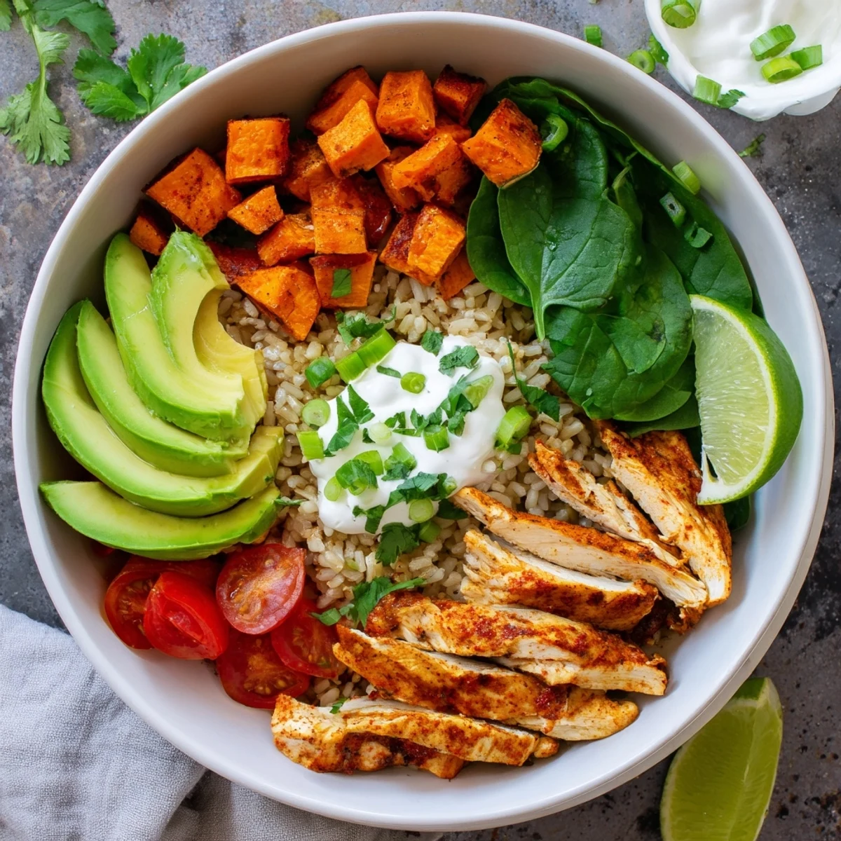 Steamy brown rice topped with spiced chicken, tender sweet potato cubes, cherry tomatoes, and a dollop of Greek yogurt in this colorful bowl.