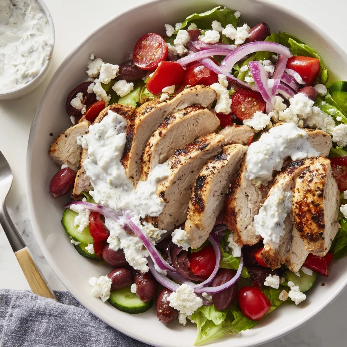 Colorful Tzatziki Chicken Salad with juicy tomatoes, olives, and feta ready for a light lunch.