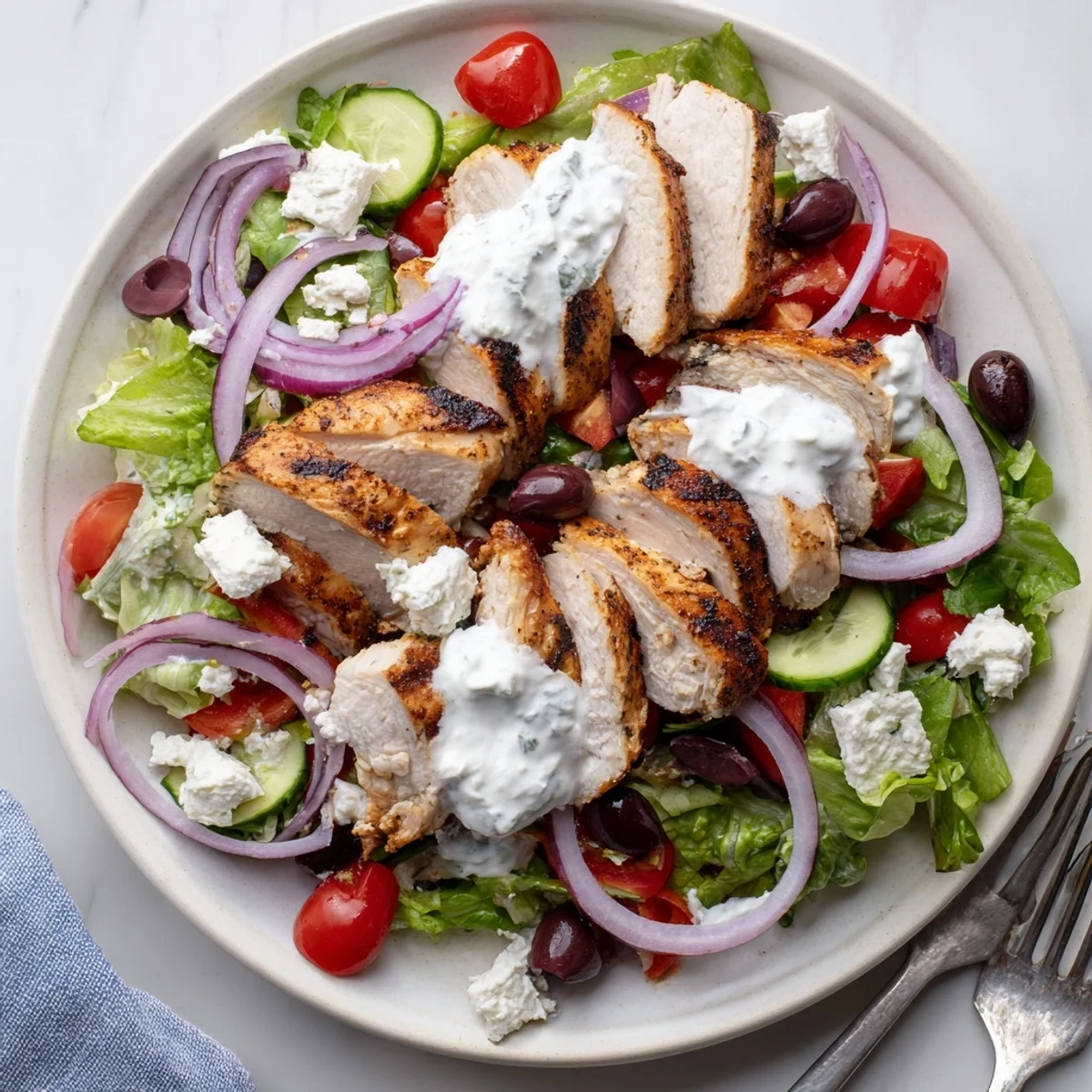 Sliced grilled chicken, crisp veggies, and creamy tzatziki drizzled over fresh greens on a platter.