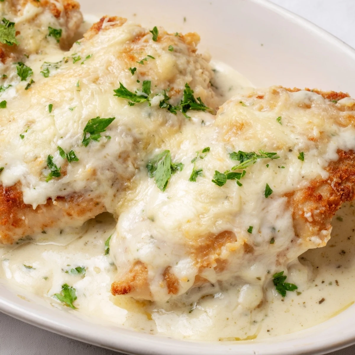 This Creamy Parmesan Baked Caesar Chicken looks delicious, served fresh from the oven with a golden crust.