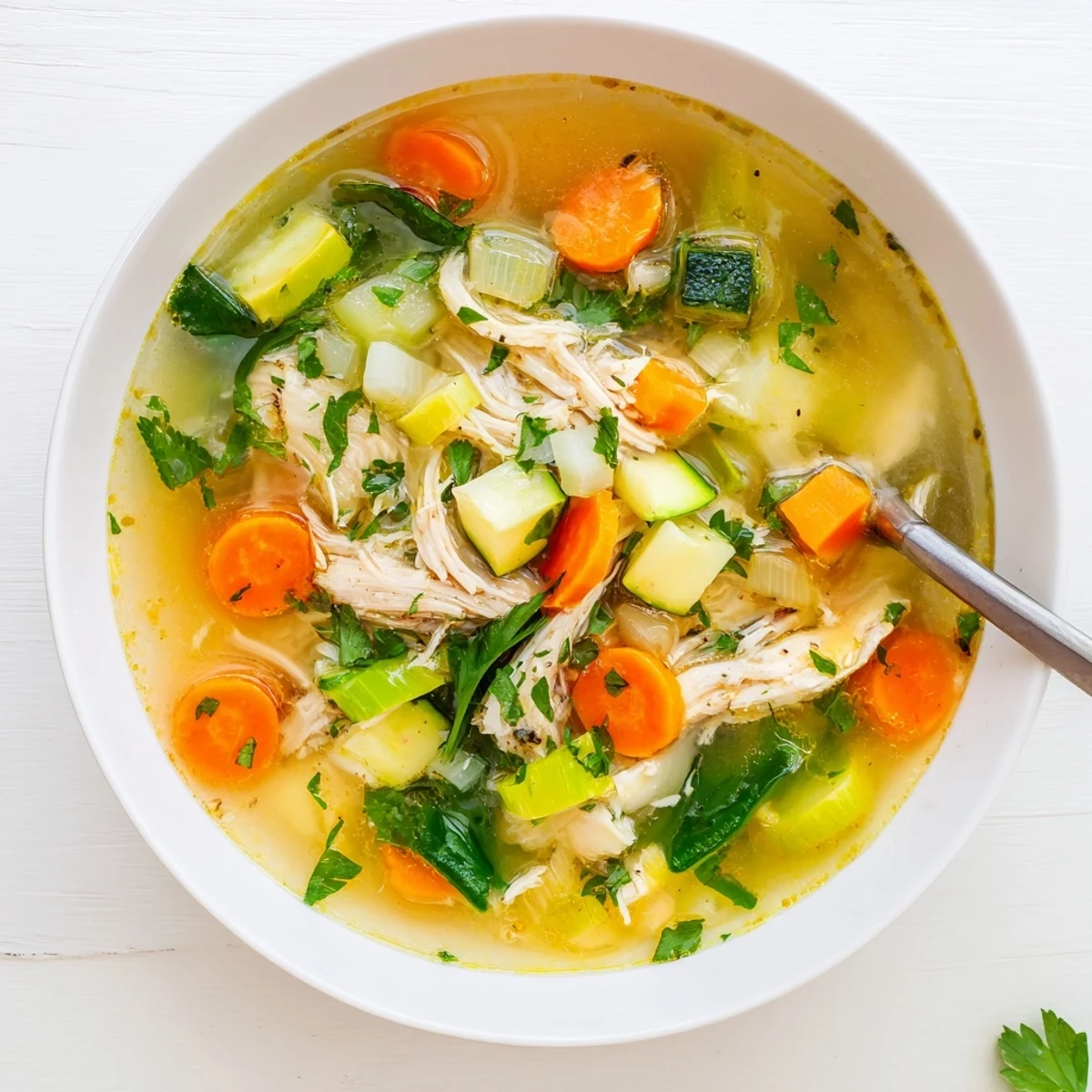 A nourishing ladle of The Best Healing Chicken Soup with zucchini, spinach, and aromatic turmeric.