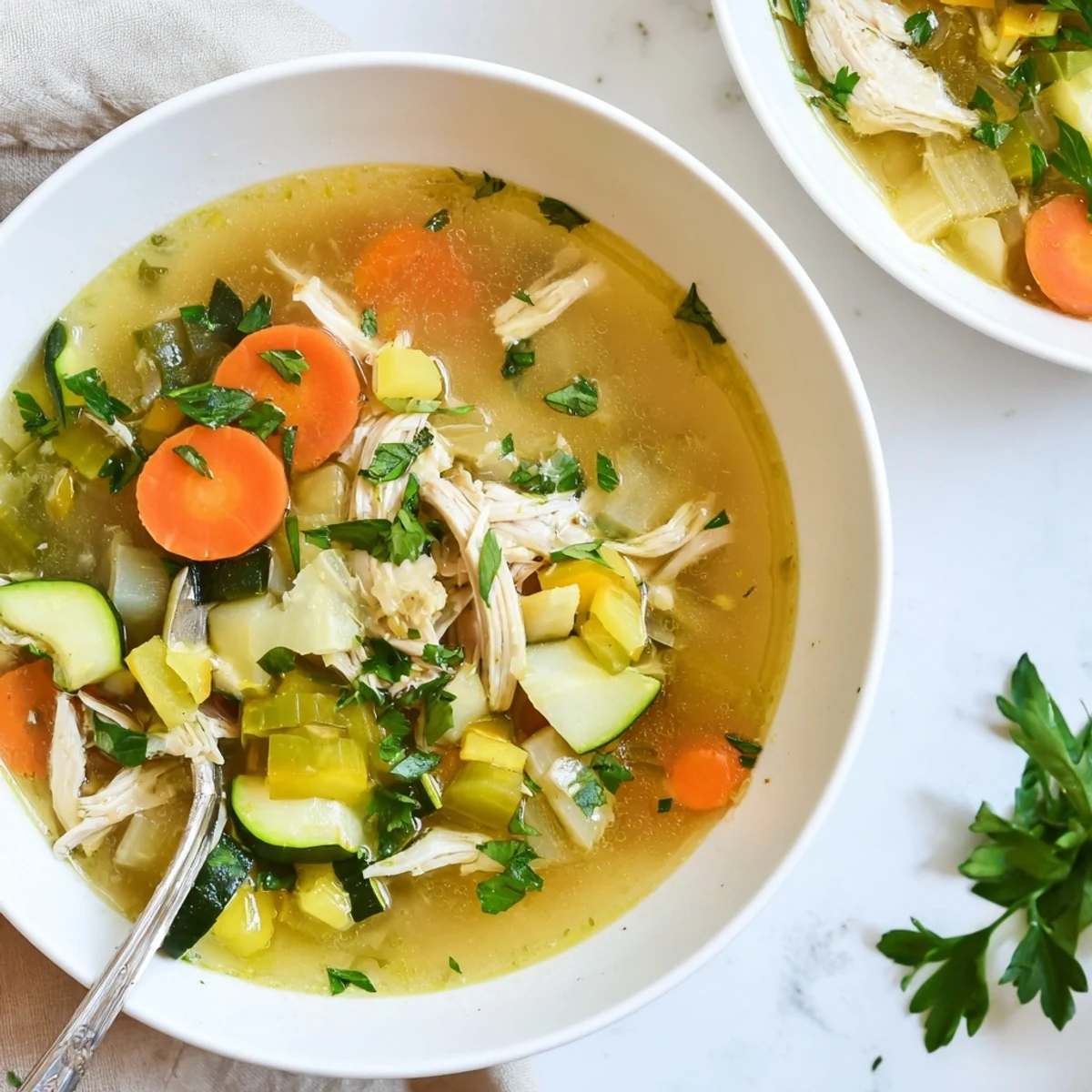 The Best Healing Chicken Soup served hot in a rustic bowl, garnished with parsley and lemon.